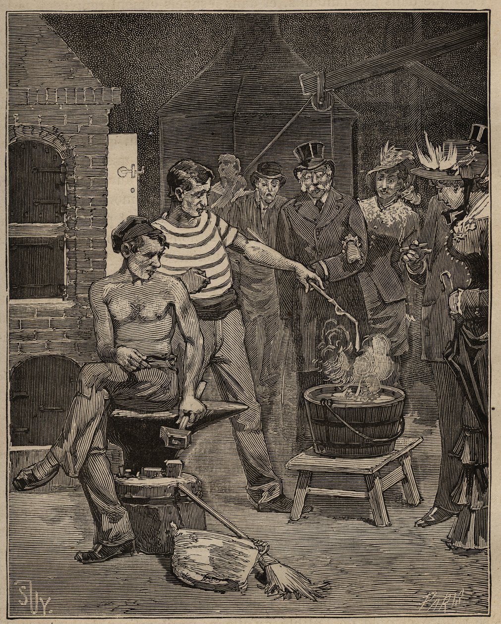 The art of glass: experience of batavic tears. Drops of molten glass are dropped into a cold water bath, which freeze in the form of tears. Engraving from 1885 in 