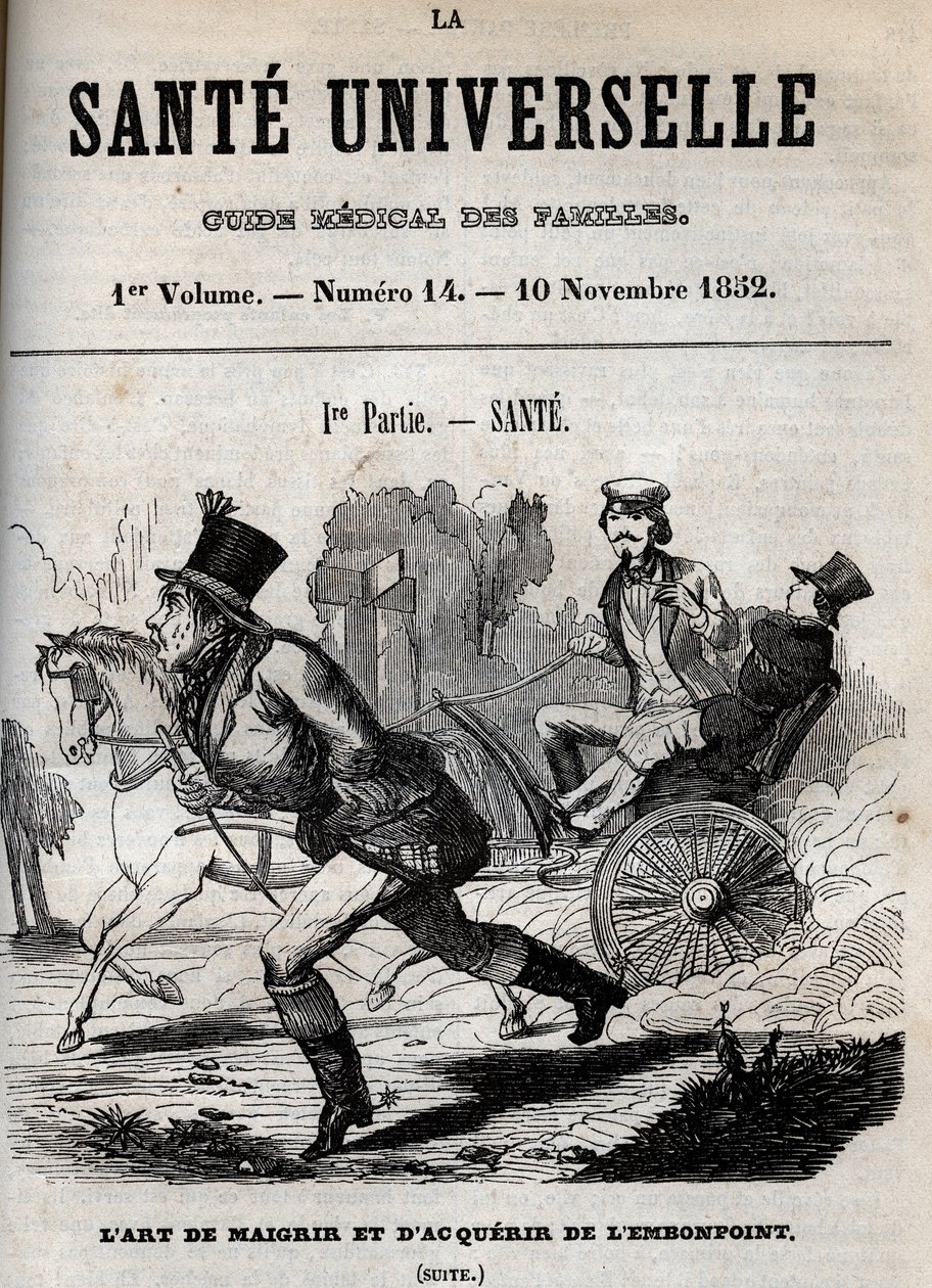 The art of losing weight and getting overweight: one man walks while another is transported in a carriage - engraving in 