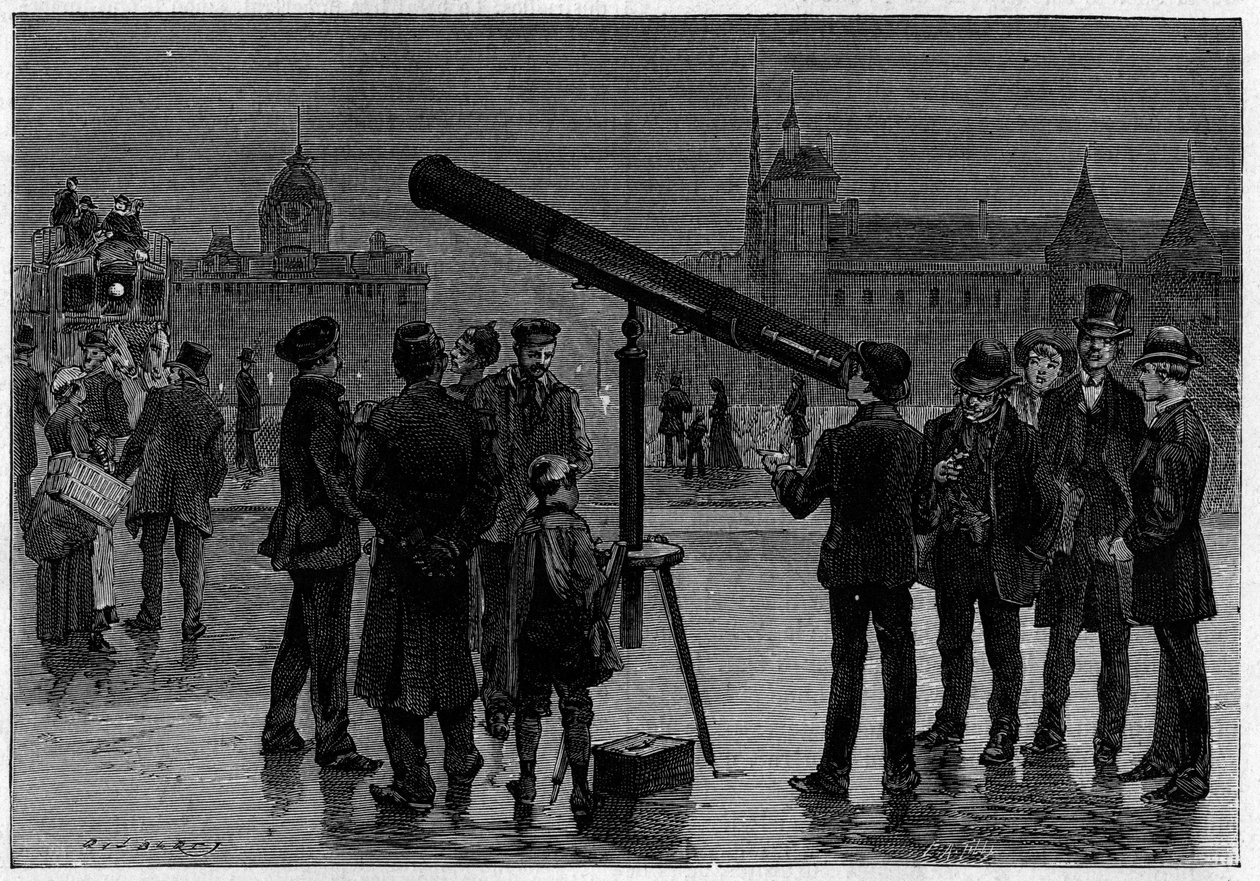The astronomer and his astronomical bezel on the Place du Chatelet, in Paris, at the time of the observations of the planet Venus, in February 1889. Engraving in La Nature. Revue des sciences et de ses applications aux arts et a l