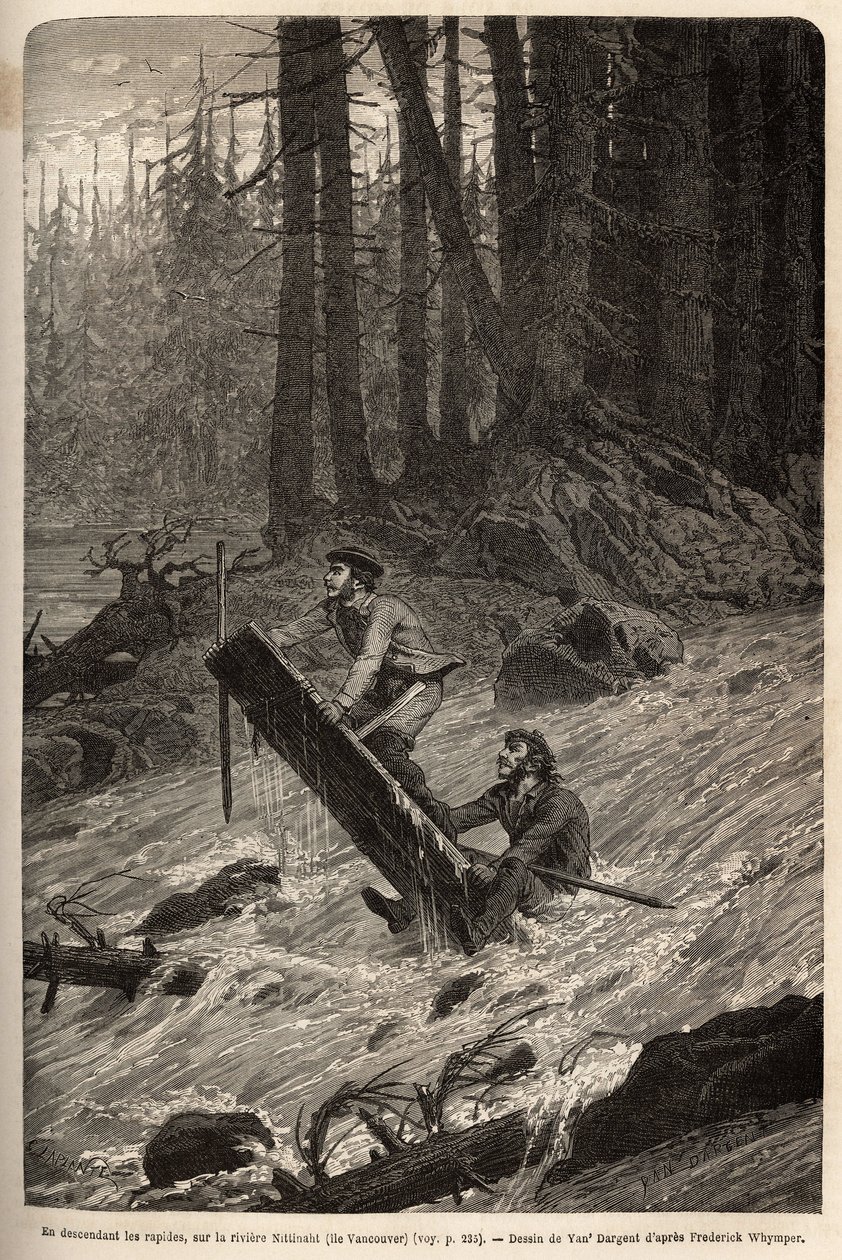The author and his traveller, Mcdonald, descending the rapids on the Nittinaht River (Vancouver Island) on a makeshift raft. Engraving to illustrate the voyage and adventures in English Colombia, Vancouver Island and Alaska, by Frederick Whymper by Unknown artist