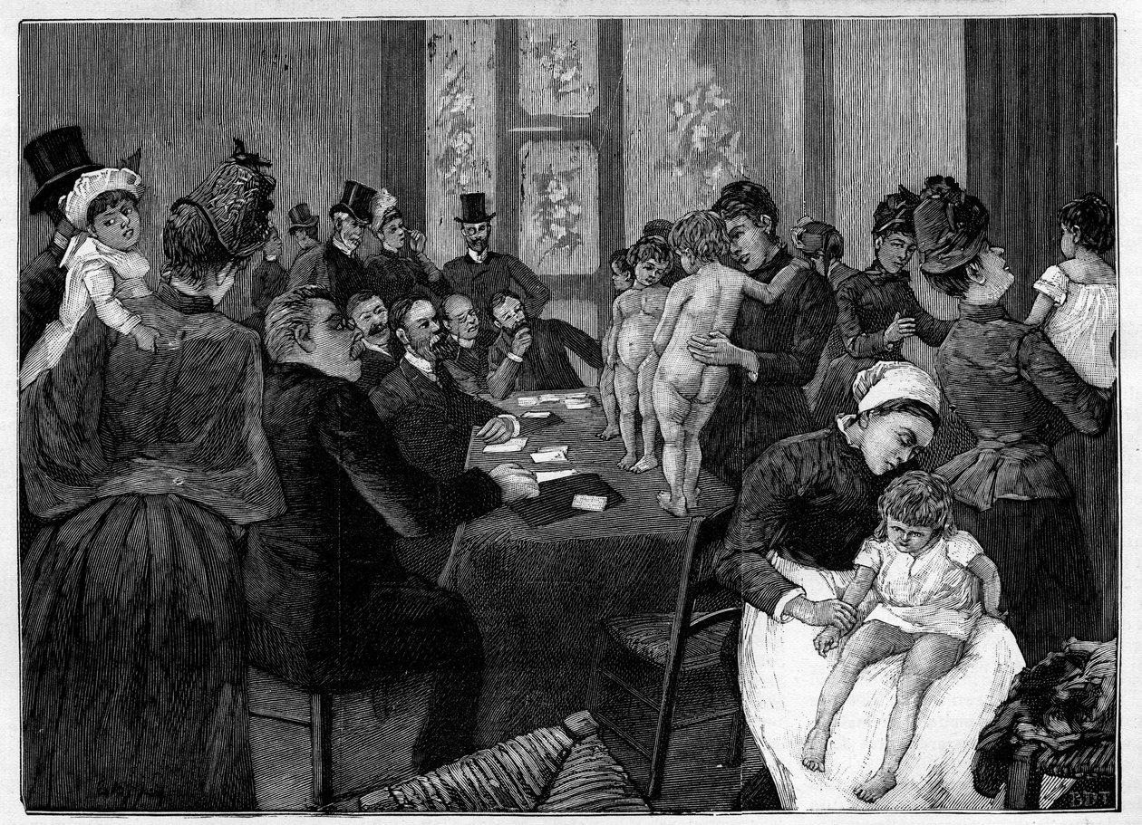 The baby contest. Mothers showing their naked children in front of the jury on Rue du Cloître Notre-Dame in Paris for the election of the most beautiful baby. Engraving in 