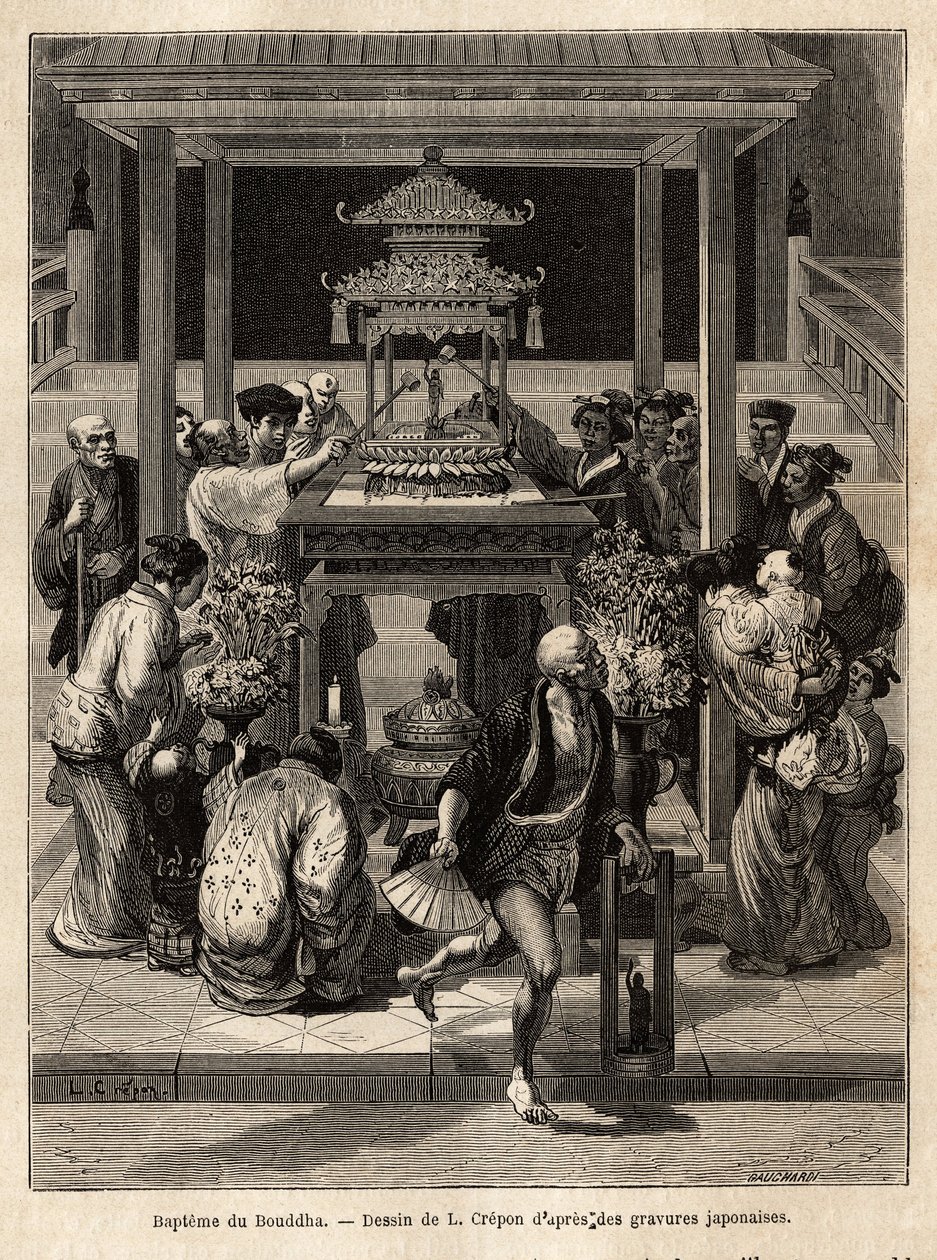 The baptism of the Buddha, an annual feast that takes place on the 8th day of the 4th month, devotees water the bronze statue of the Buddha exposed for the occasion in front of the temples. Engraving to illustrate the journey to Japan, by Aime Humbert, min by Unknown artist