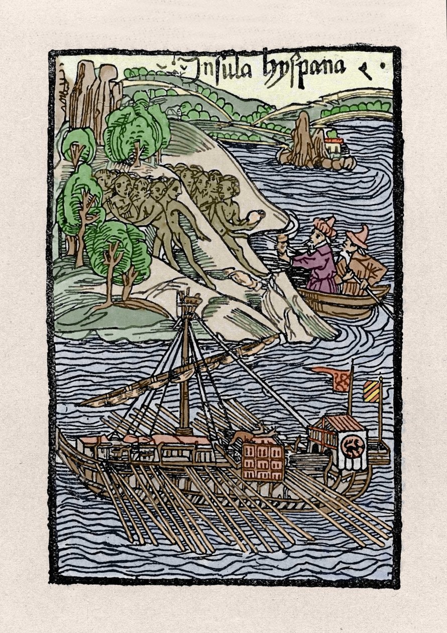 The landing at Hispaniola by Christopher Columbus. Engraving from 