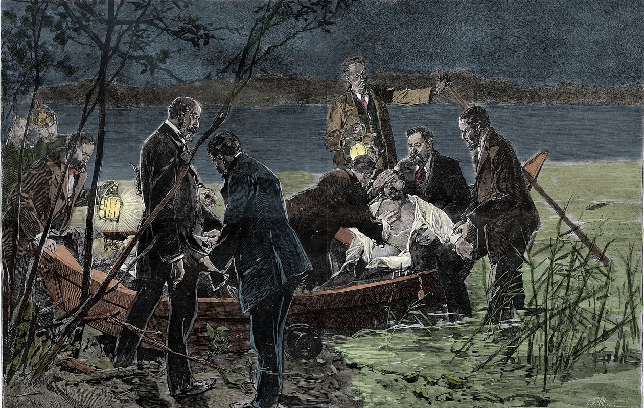 The body of Louis II of Bavaria finds drowned with Dr. Gudden in Lake Starnberg near Berg Castle in June 1886 (Engraving) by Unknown artist