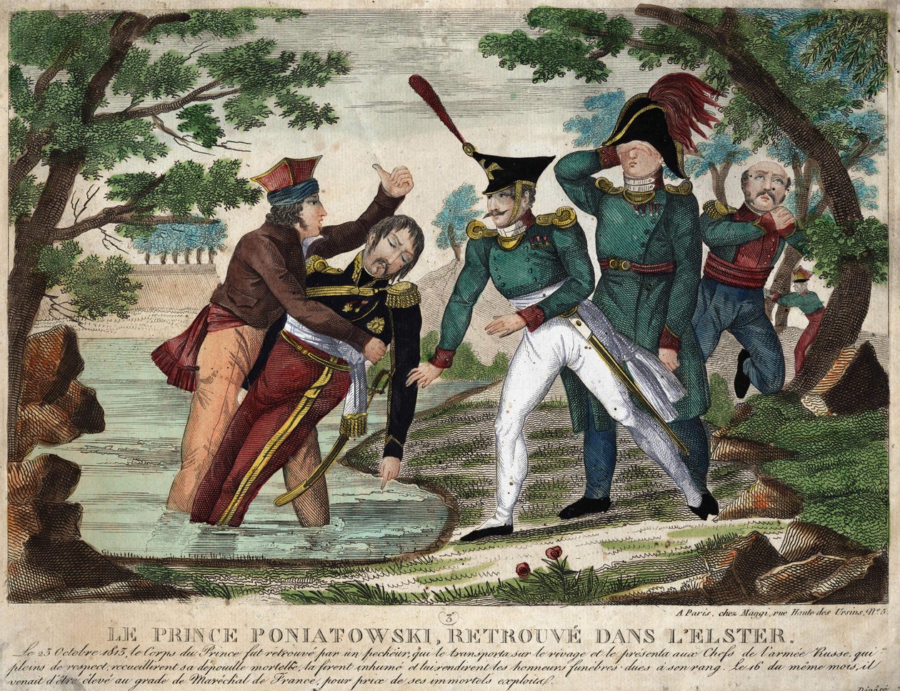 The body of Prince Joseph Antoni Poniatowski found in the Eelster River on 23 October 1813, engraving of the time by Unknown artist