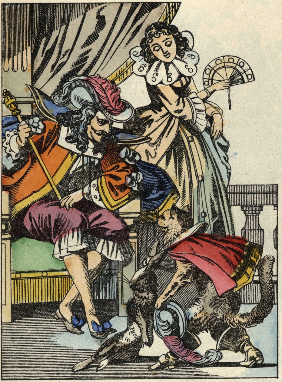 The boot cat offers the rabbit to the king from his master, the Marqui de Carabas. Illustration of the tale 