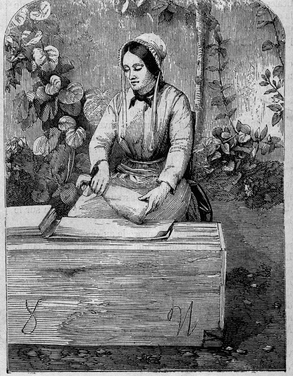 The bottling of Champagne wine. Engraving from 1864 by Unknown artist