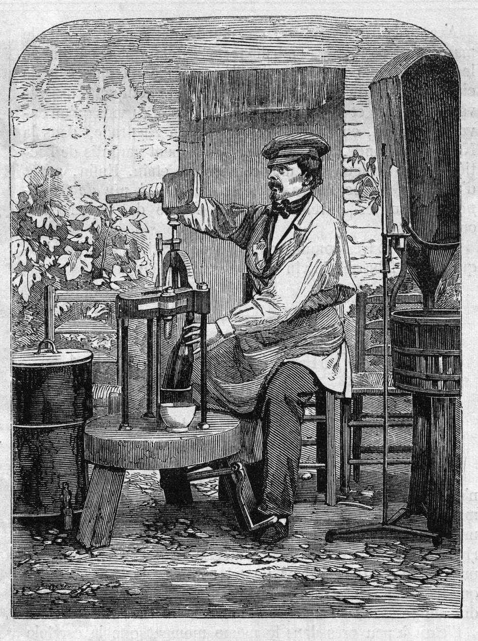 The bottling of Champagne wine. Engraving from 1864 by Unknown artist