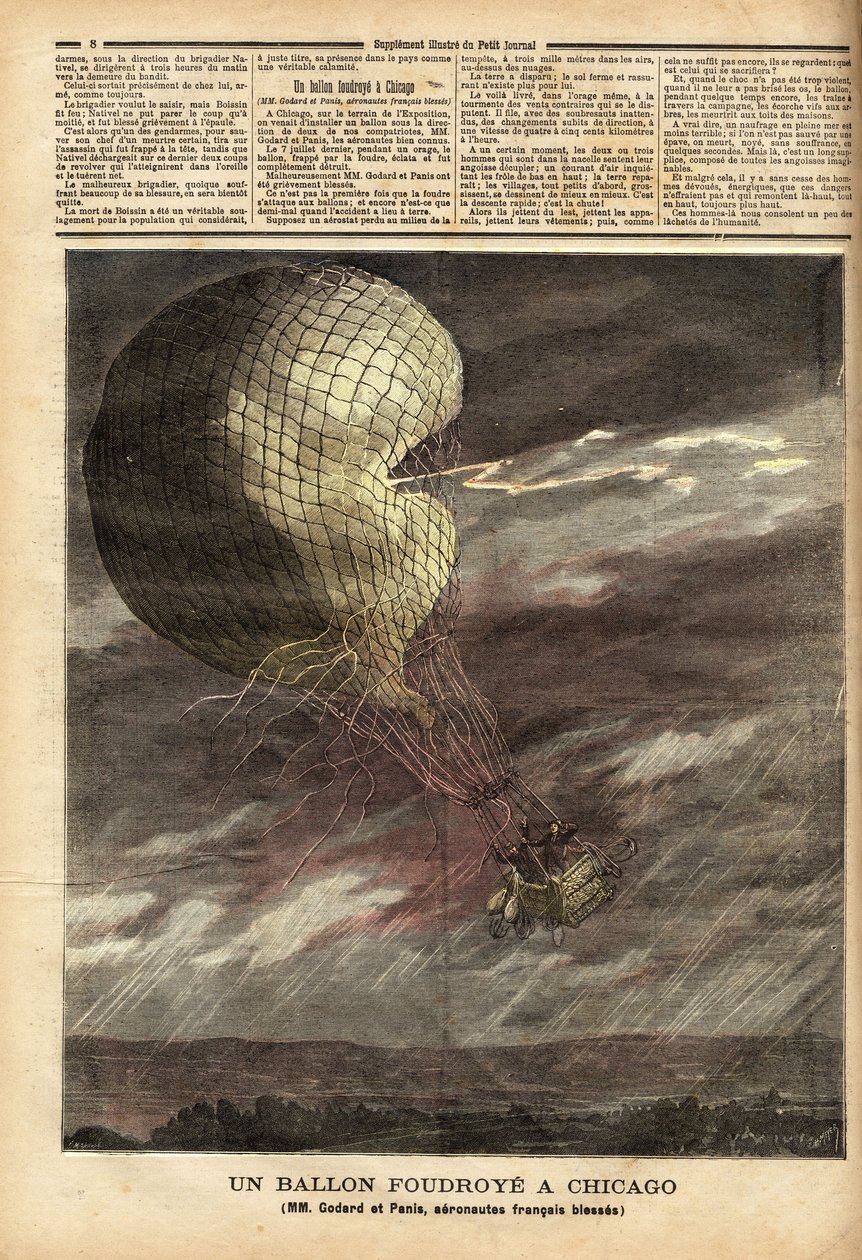 The captive balloon of the French Messrs Godard and Panis, victim of an accident caused by the storm on July 7, on the ground of the World Exhibition in Chicago, in full flight, the balloon was struck and struck, hurting the two airmen by Unknown artist
