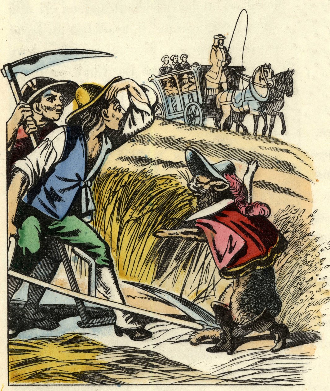 The cat forces the peasants to say that the field in which they mow the wheat belongs to the Marquis de Carabas. Illustration of the tale 