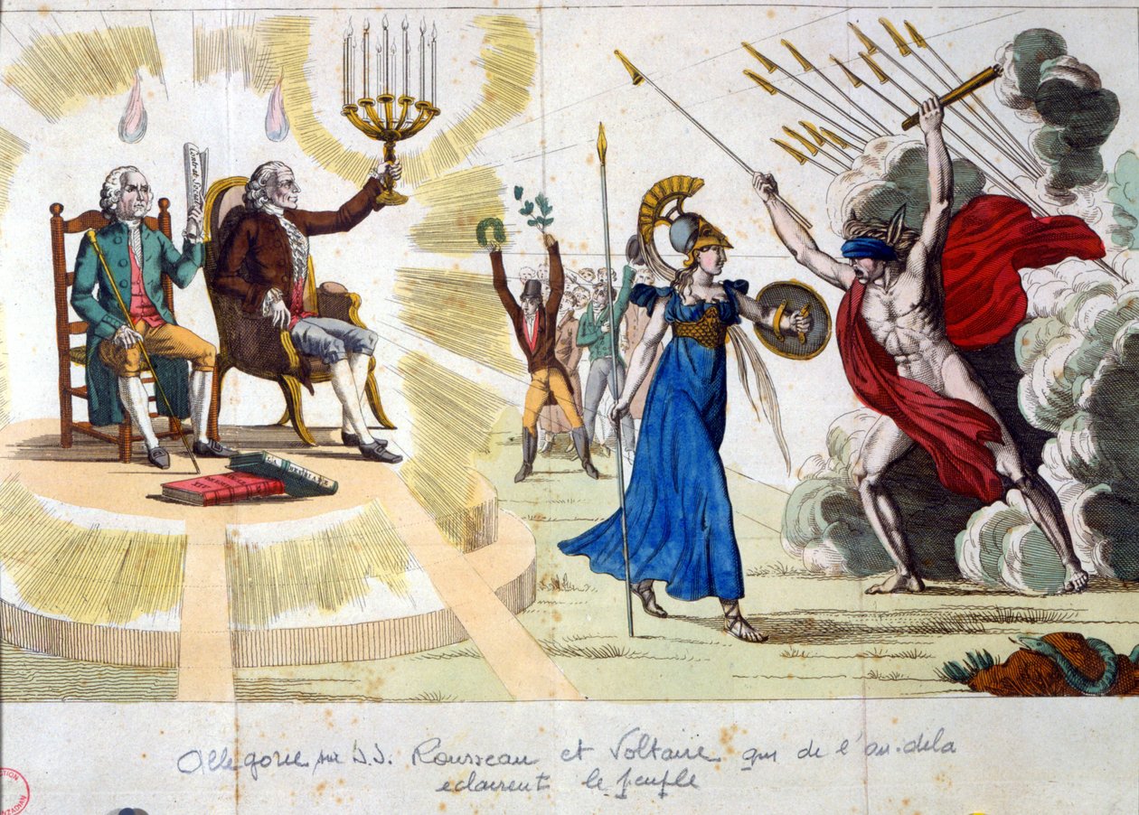 The century of the Lumieres: philosophers Jean Jacques Rousseau and Voltaire, from the past, illuminate the people - allegory by Unknown artist