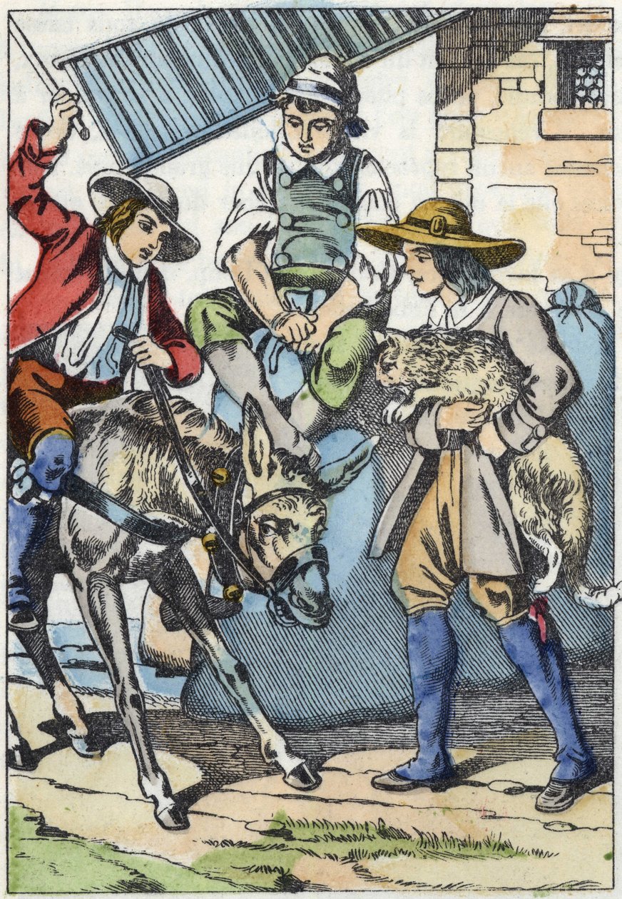 The children of the handler, who just died, share his property: donkey, mill and cat. Illustration of the tale 