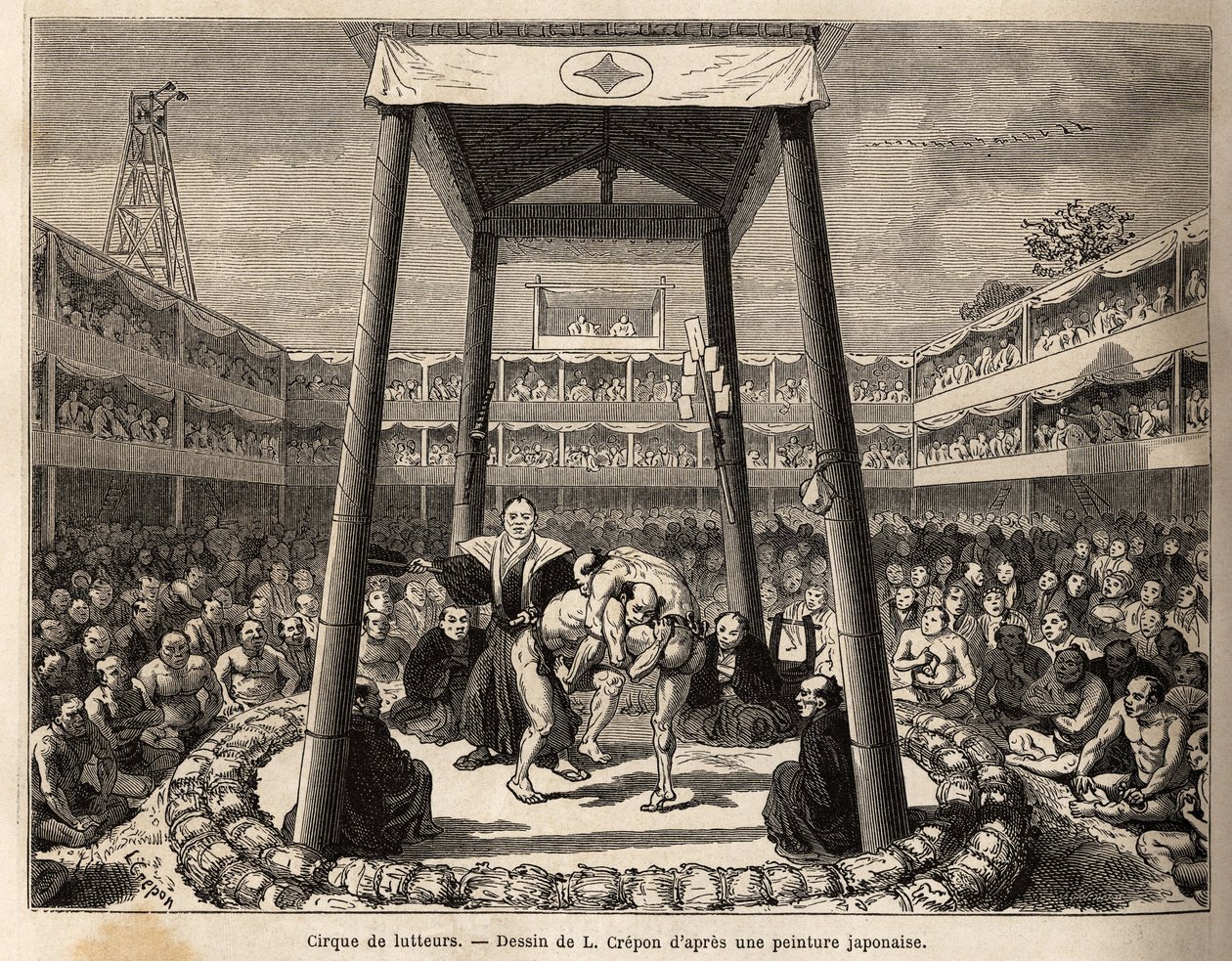 The circus of wrestlers, who wait for their turn to fight, takes place in the arena under the wooden cage; all around, the crowd of spectators and betters watch the fights with passion. Engraving to illustrate the journey to Japan, by Aime Humbert, ministe by Unknown artist