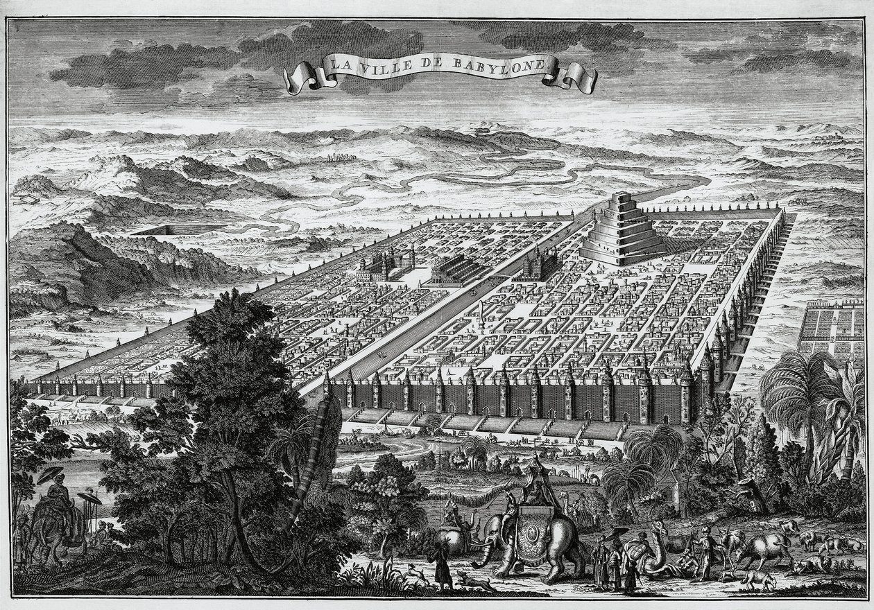 The city walls of Babylon surrounding the hanging gardens and the tower of Babel by Unknown artist