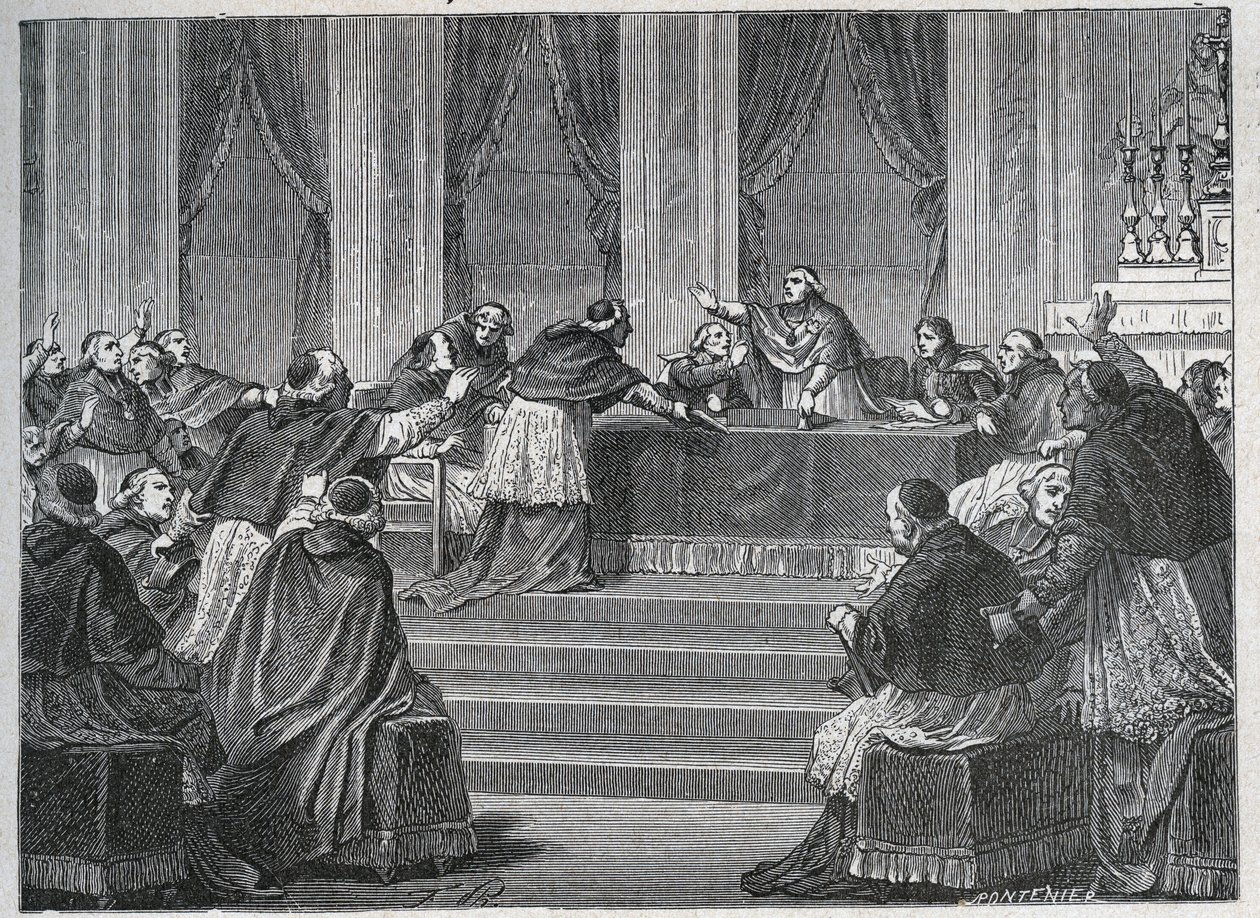 The clergyman of France and Italy met in Paris for the Assembly of the French National Council on 9 June 1811, presided by Cardinal Fesch. by Unknown artist