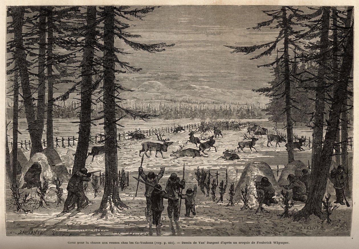 The coral for reindeer hunting in the Co-Yukon (co-Yukon or co-Youkouk) (Indian tribe of extreme northern Canada). Engraving to illustrate the voyage and adventures in English Colombia, Vancouver Island and Alaska, by Frederick Whymper by Unknown artist