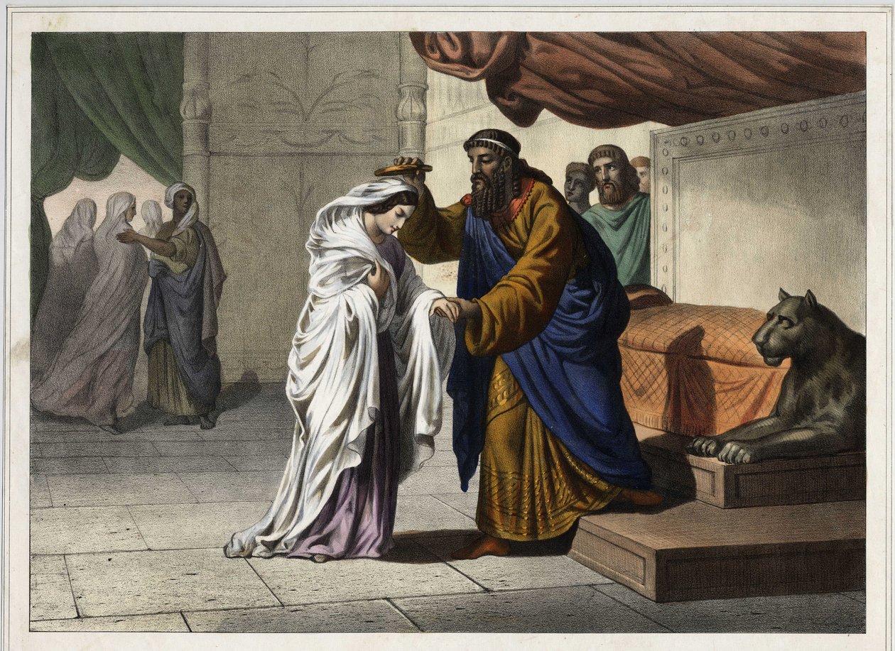 The coronation of Esther: Persian king Assuerus I (Xerxes I) crowns his wife Esther. Anonymous engraving of the 19th century by Unknown artist