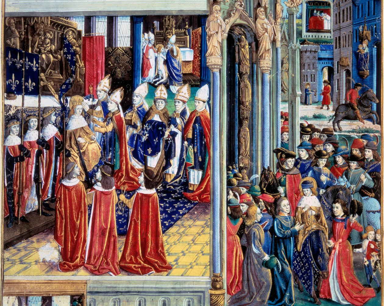 The Coronation of King Saint Louis (Louis IX) on 29/11/1226 in the Cathedral of Reims from the Book of Facts Monsignor Saint Louis by Unknown artist