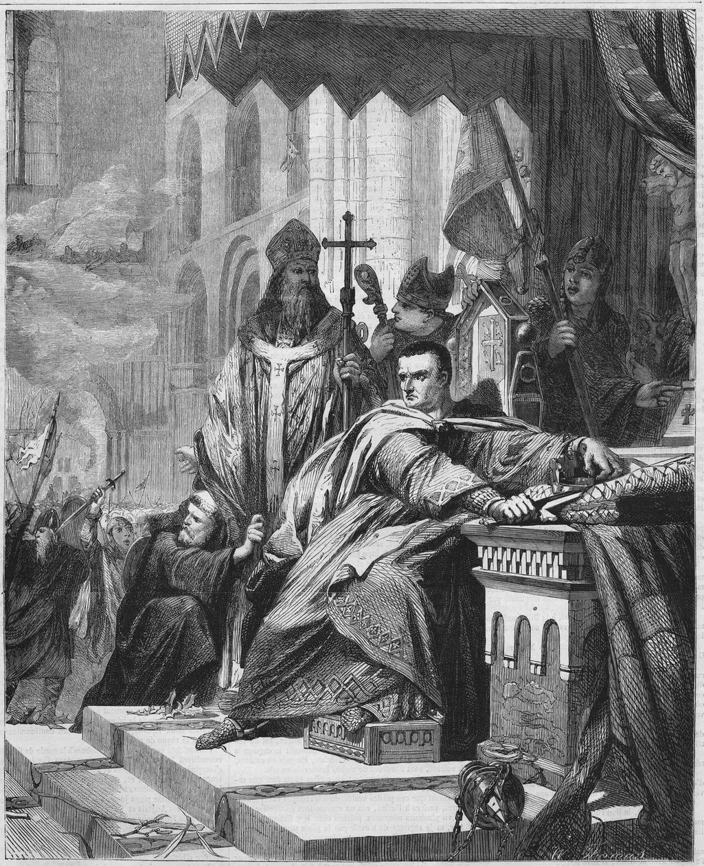 The coronation of William I the Conqueror (1027 to 1087) in 1066. Duke of Normandy (1035 - 1087) and King of England (1066 - 1087). Engraving of the 19th century by Unknown artist