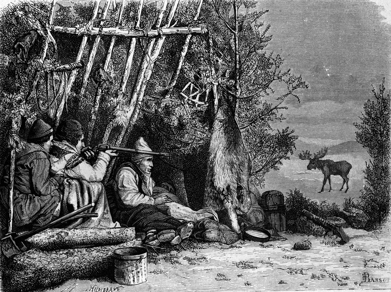 The daily life of trappers (professional hunters) in Canada: two caribou hunters. Engraving of the 19th century by Unknown artist