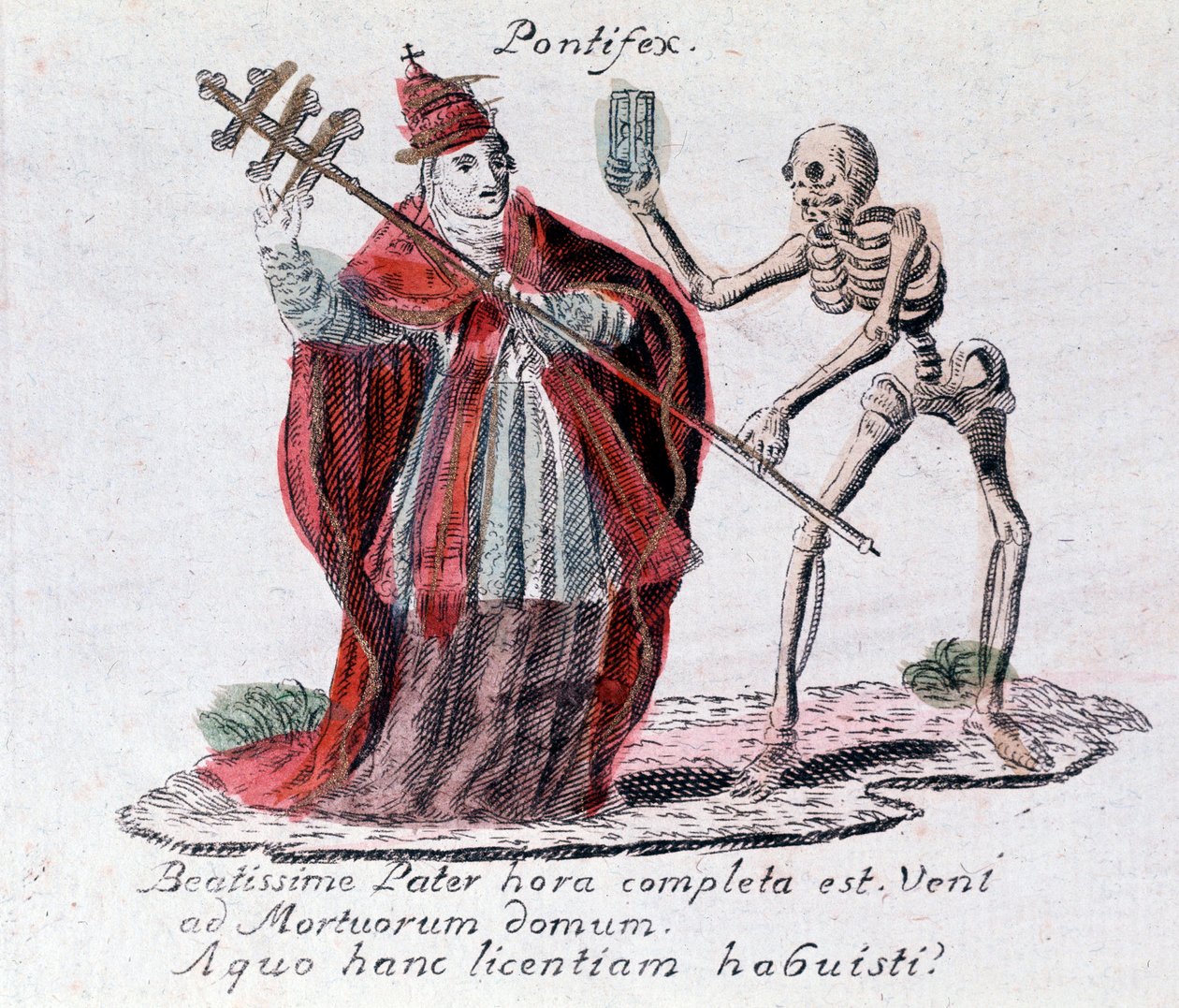 The dance of death, the pope and a skeleton (print) by Unknown artist