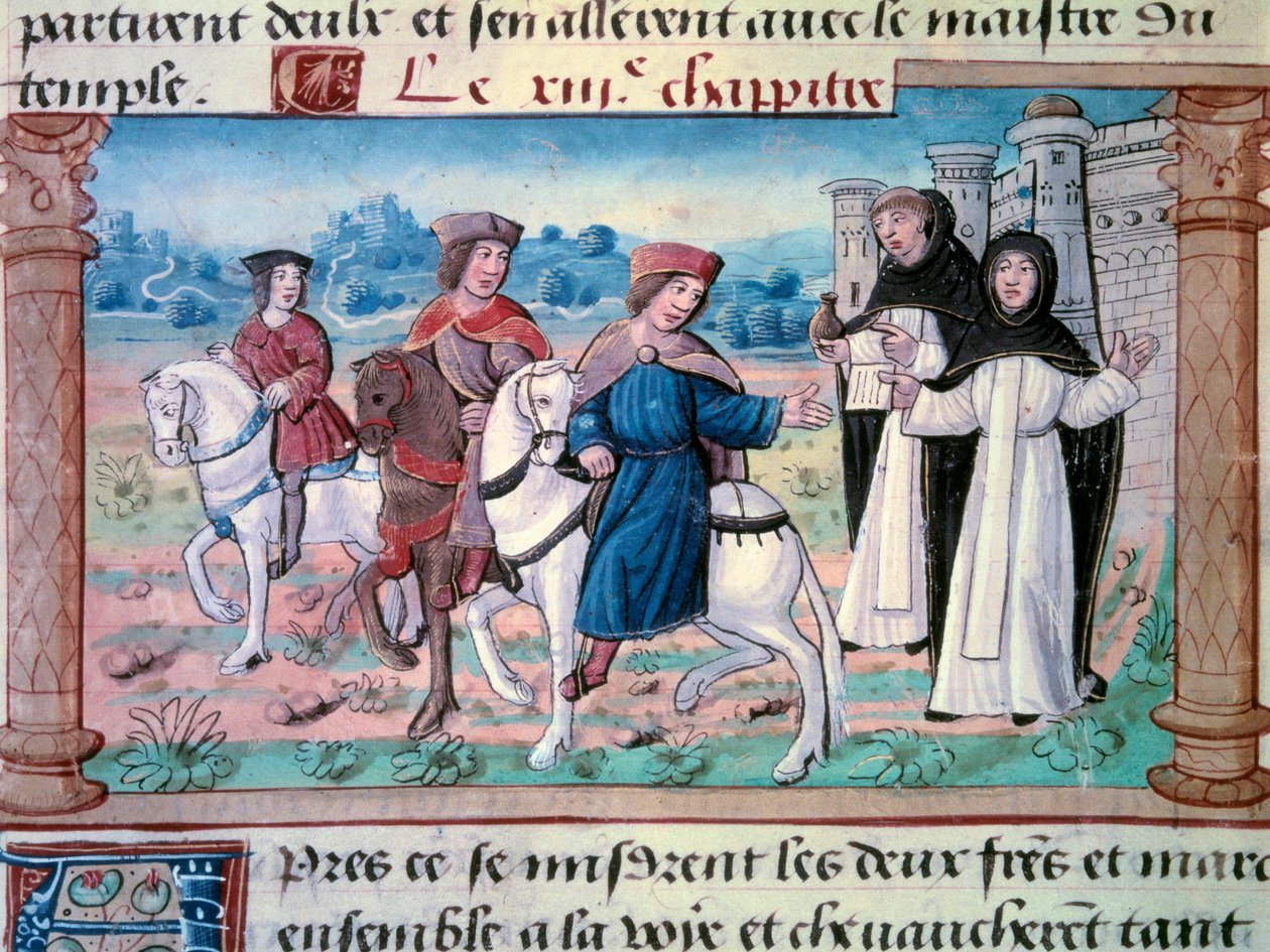 The departures of brothers Nicolo and Matteo Polo, father and uncle of young Marco Polo with the young man around 1271. Miniature taken from The Book of Wonders (Devisement du monde, Il Milione) by Marco Polo by Unknown artist