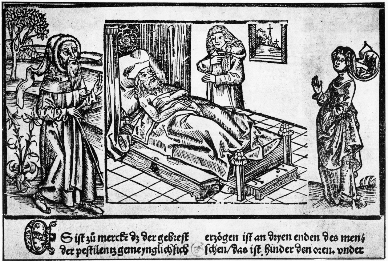 The doctor in bed of the pestiferé, wood engraving of the 