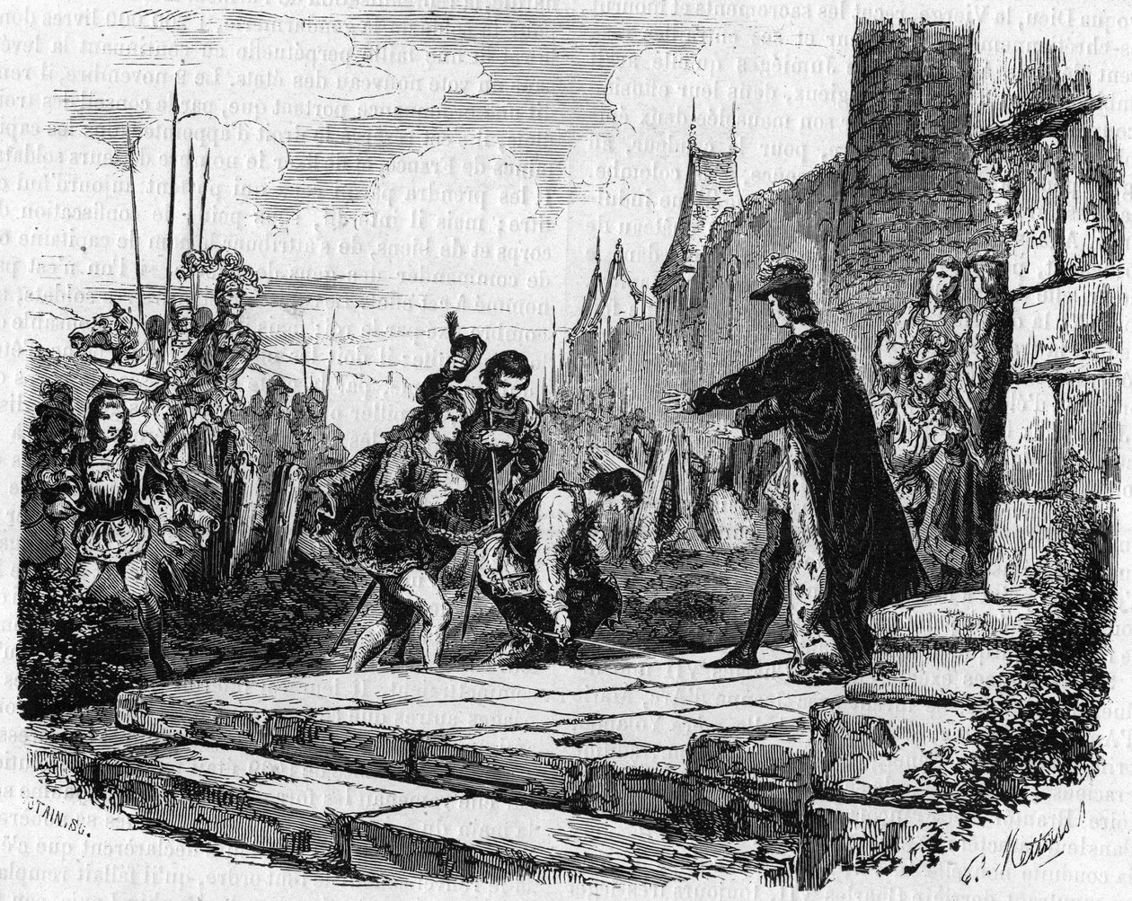 The Dukes of Bourbon, Alençon and Dauphiné Ask for Forgiveness from the King of France Charles VII (1440). Engraving of the 19th Century. by Unknown artist