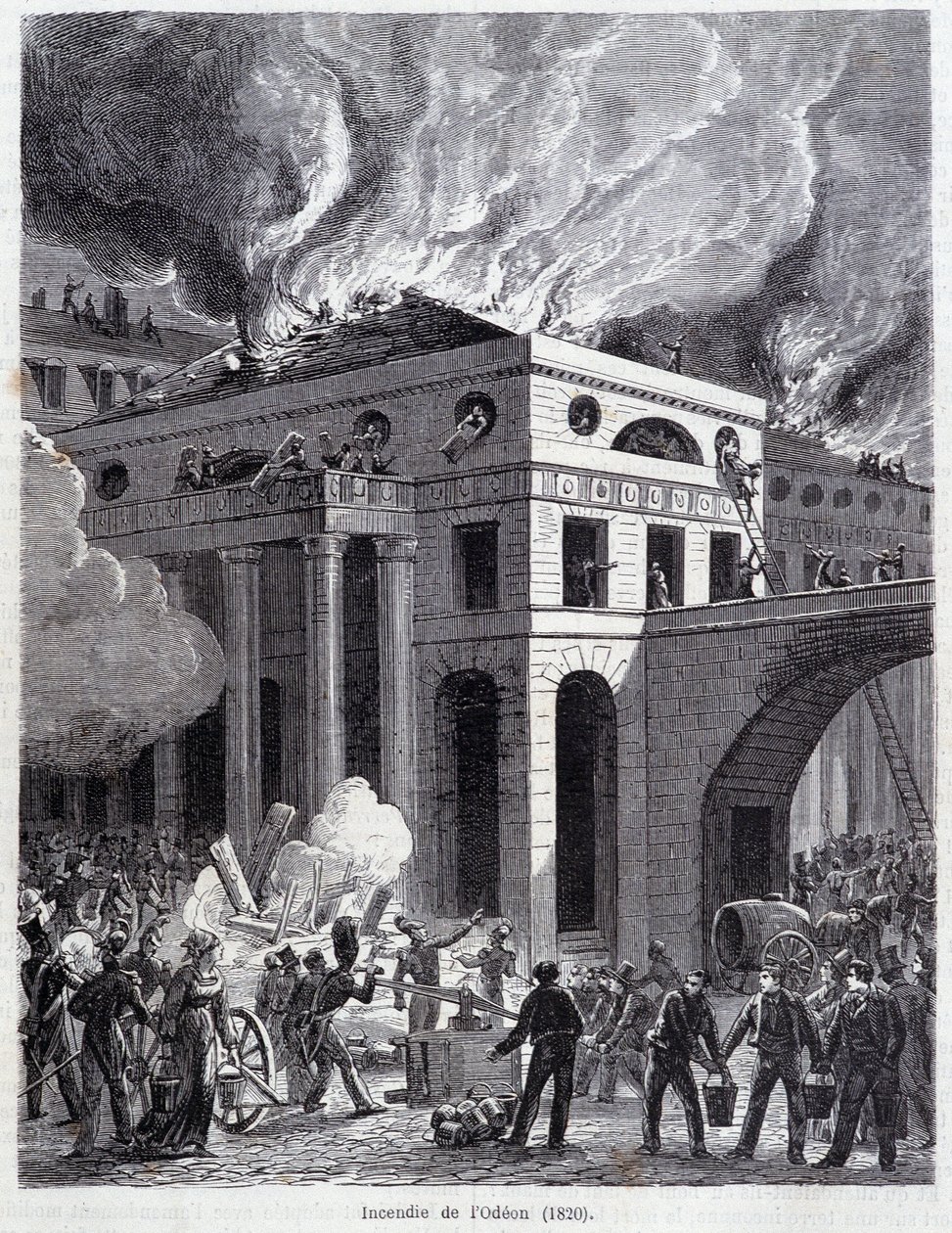 The fire of the Odeon (1820) (engraving, late 19th century) by Unknown artist