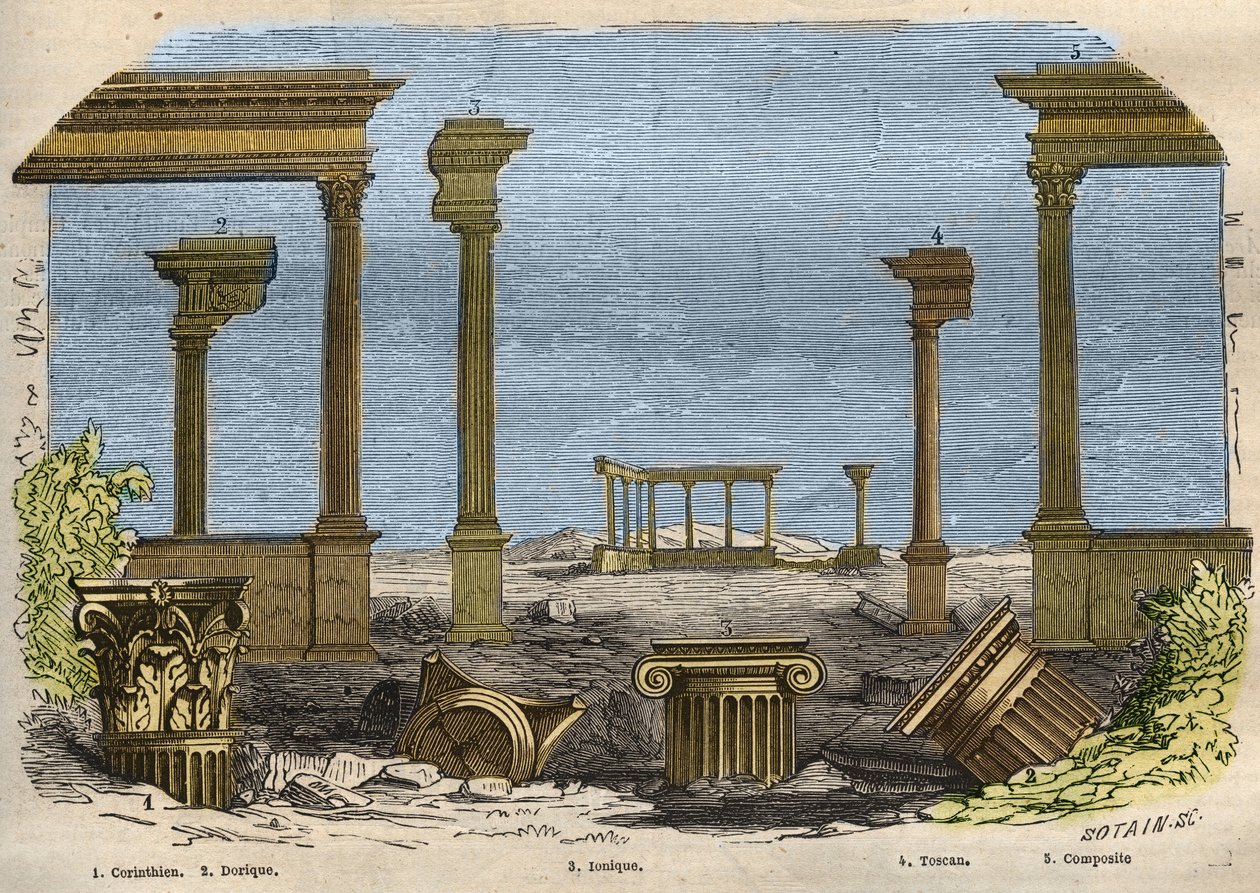 The five orders of classical architecture: Corinthian, Doric, Ionic, Tuscan and composite, each represented by a column. Engraving from 1857 in Le Musee Des Sciences by Unknown artist