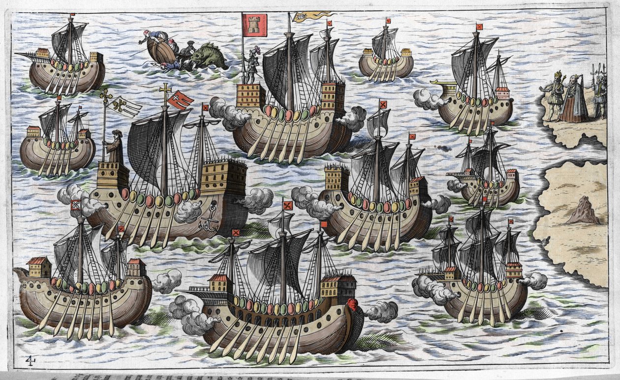 The Fleet of Christopher Columbus to Conquer the New World - in Nova Tipus Transacto Navigatio Novi Orbi by Philoponus Honorius by Unknown artist