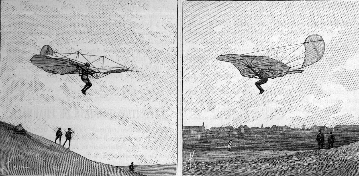 The flying aircraft of Otto Lilienthal (1848-1896), German aeronautics pioneer, in two different positions (from an instant photograph). Engraving in 