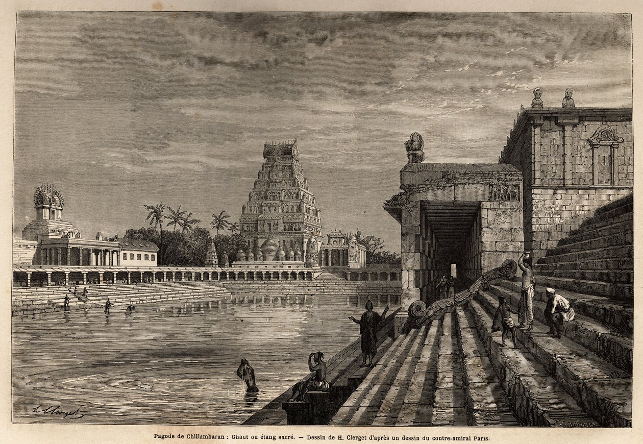 The ghaut or sacred pond of the Chillambaran Pagoda, located on the Gulf of Bengal, near Pondichery (Pondicherry) (India); some fideles descend the monumental staircase to take a bath or perform cleansing ablutions. Engraving to illustrate an expedition to by Unknown artist