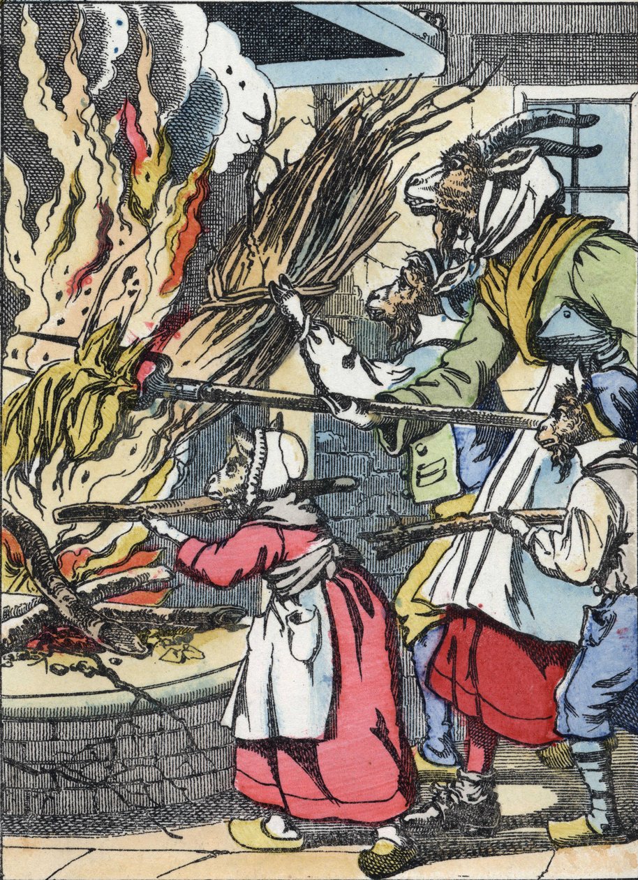 The goat and the trinkets set fire to the chimney. Illustration of the tale 