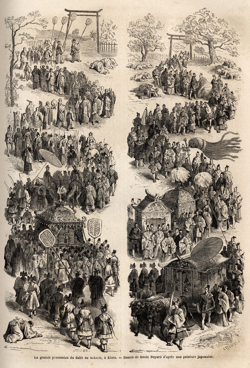 The grand procession of the Mikado (Emperor of Japan), at the dairi, the ancient imperial castle of Heian-kyo (present-day Kyoto) from 794 to 1869. Engraving to illustrate the voyage to Japan in 1863-1864, by Aime Humbert, minister of the Swiss Confederati by Unknown artist