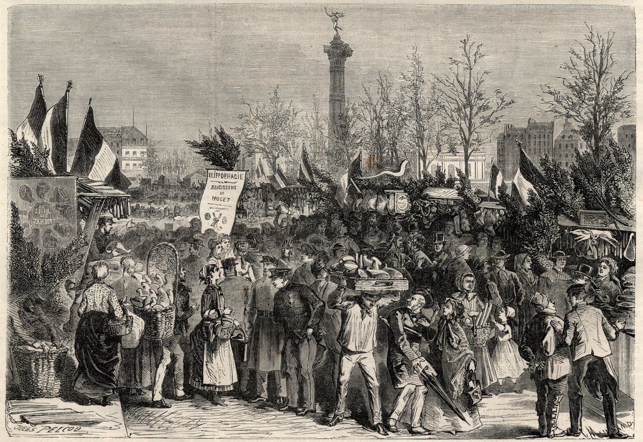 The ham fair, Boulevard Bourdon in the 4th arrondissement of Paris near Place de la Bastille. A sign advertises mullet meat. Engraving in 