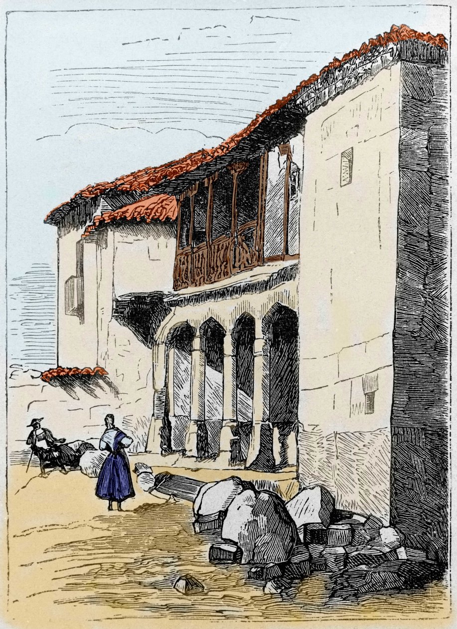 The house of Sante de Valcuebo in Salamanca where Christopher Columbus held its first conference. Engraving of the 19th century by Unknown artist