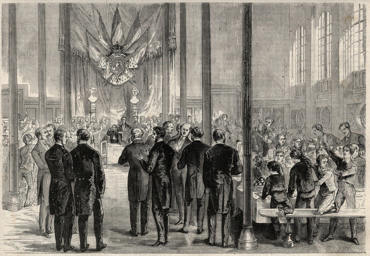 The imperial prince Eugene Louis Joseph (1856-1879) attending the banquet of the Saint Charlemagne in Paris, at the Lycee Bonaparte (then Lycee Condorcet). Engraving in 