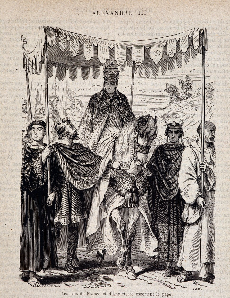 The kings of France Louis VII the Young and England escort Pope Alexander III - in Histoire des popes by Unknown artist