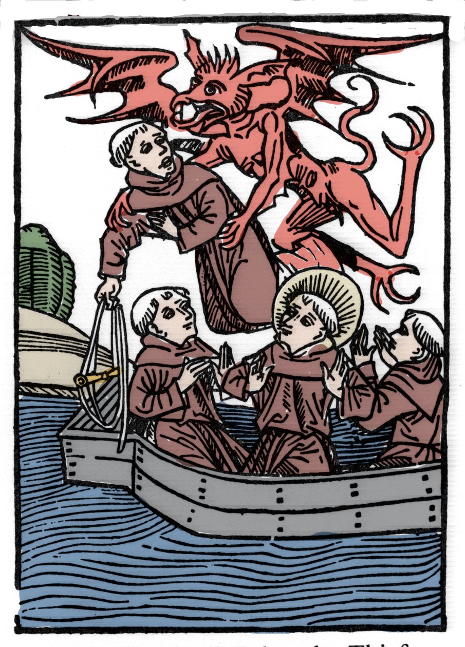 The Legend of Saint Brendan, Hero and Irish Saint of the 6th Century. The Devil Takes Away the Thief Monk. Engraving of 