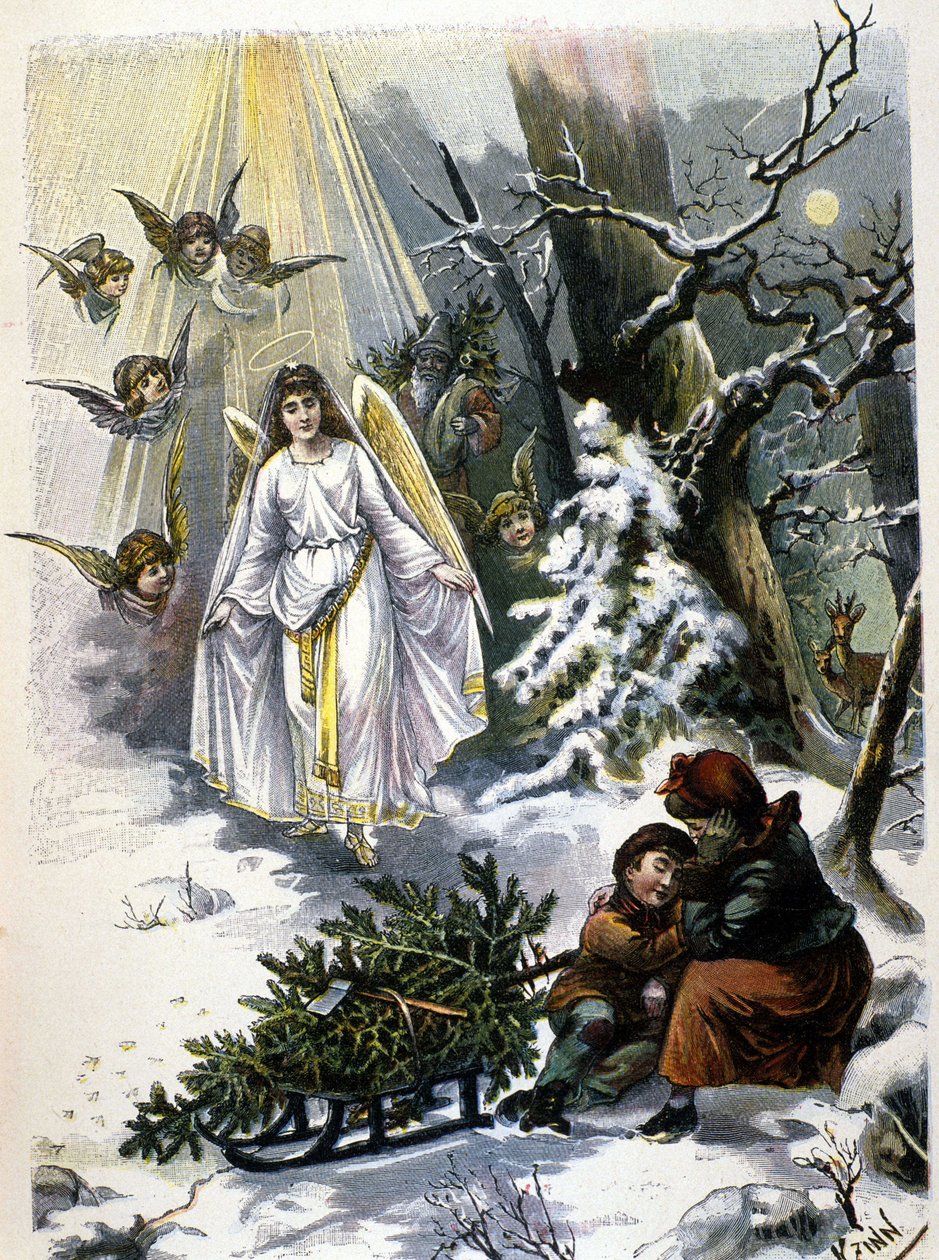 The legend of the Christmas tree: appearance of an angel. Illustration of the 19th century by Unknown artist