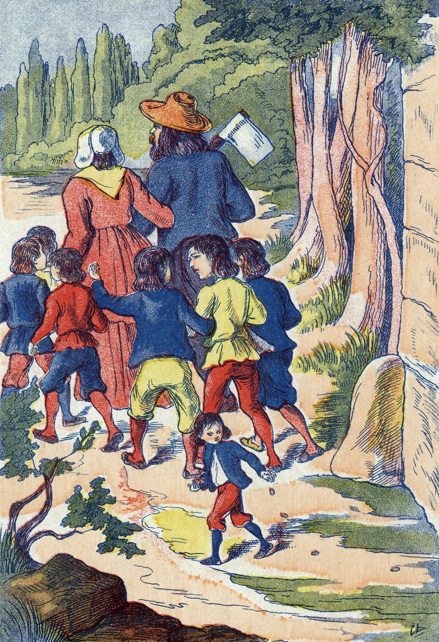 The little thumb sows rocks in his way. Illustration for 