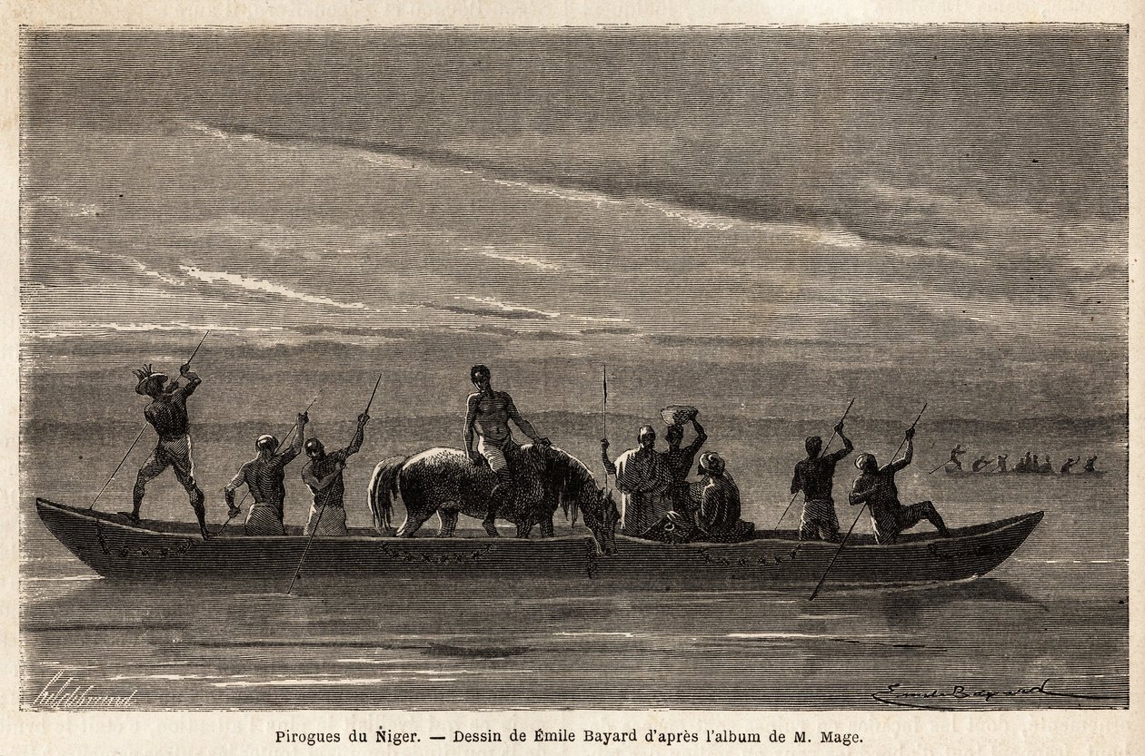 The long canoes of the Bambaras on the Niger River, maneuvered with long perches, can carry several people and even cattle or horses. Engraving to illustrate the voyage to Western Sudan of Lieutenant (Navy) M.Mage, in 1863-1866, published in Le tour du mo by Unknown artist