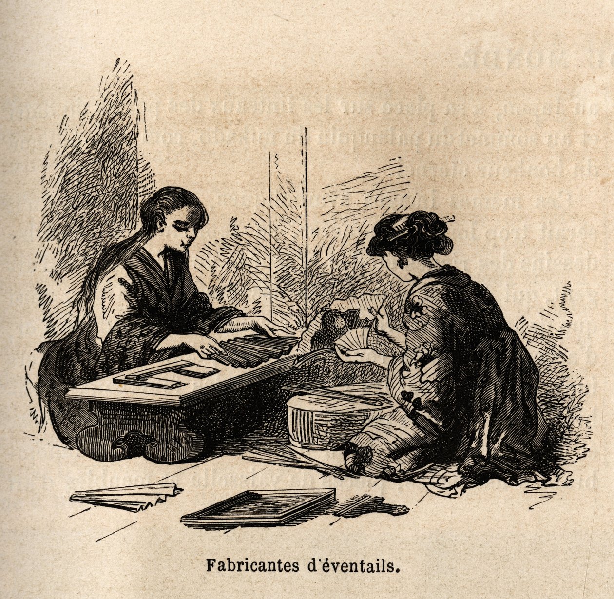 The manufacture of fans. Engraving to illustrate the voyage to Japan in 1863-1864, by Aime Humbert, minister of the Swiss Confederation, in 