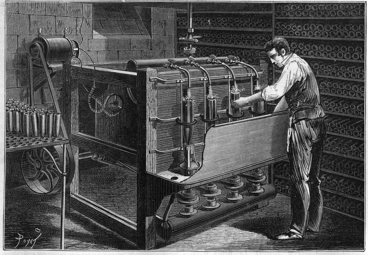 The mechanical installation of M. Marguery, restaurateur, in Paris: automatic bottle washing machine, represented as operated by a small dynamoelectric machine of Gram (Zenobe Theophile Gram 1826-1901). Engraving in 