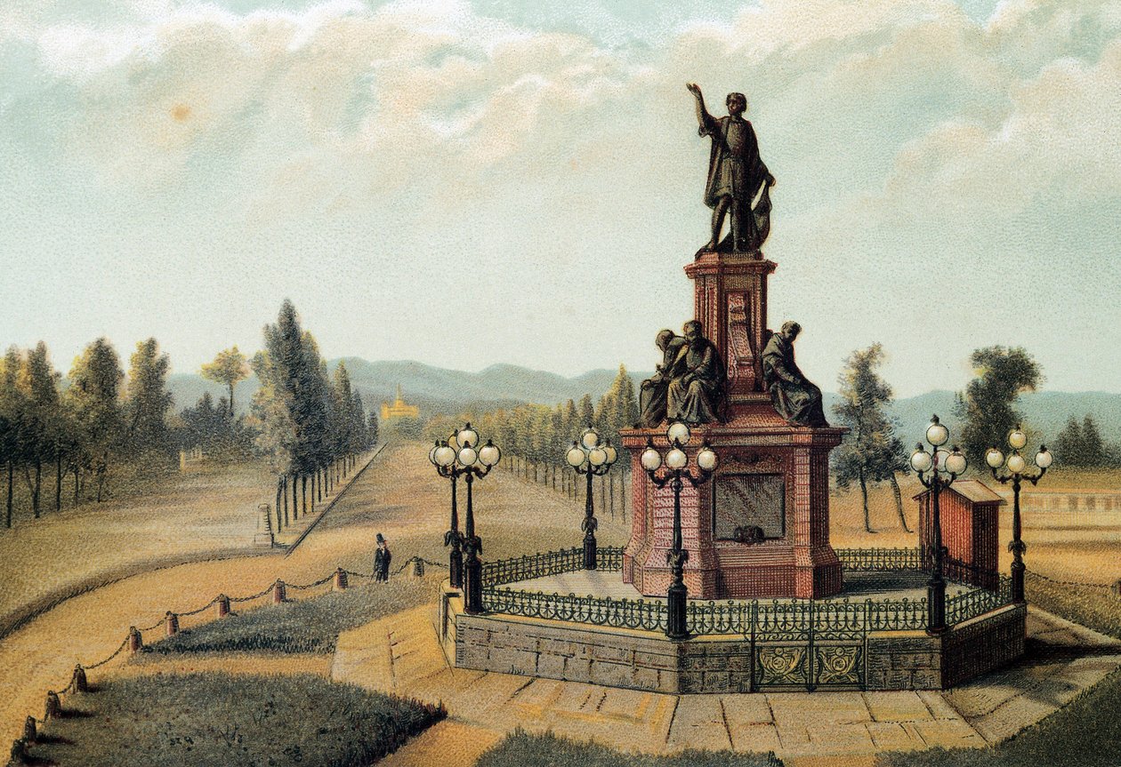 The monument to the navigator Christopher Columbus (1451-1506) on the Paso de la Reforma in Mexico City, Mexico. Chromolithography of 1885 by Unknown artist