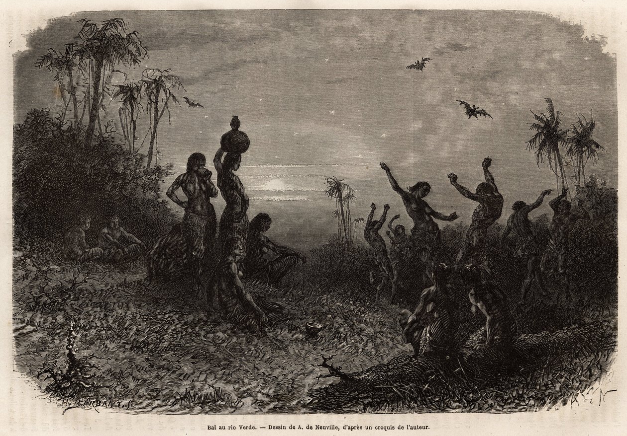 The moonlight ball, which closes the 18 year anniversary ceremony and the wedding of a young Indian man from Rio Verde (Brazil). Engraving to illustrate the voyage to New Granada, by Dr. Saffray, in 1869, published in “Le tour du monde” 1873, edited by Edo by Unknown artist