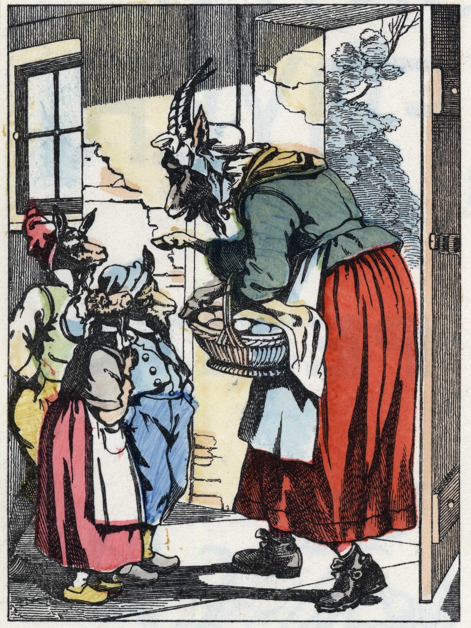 The mother goat leaves for the walk and warns her biquets. Illustration of the tale 