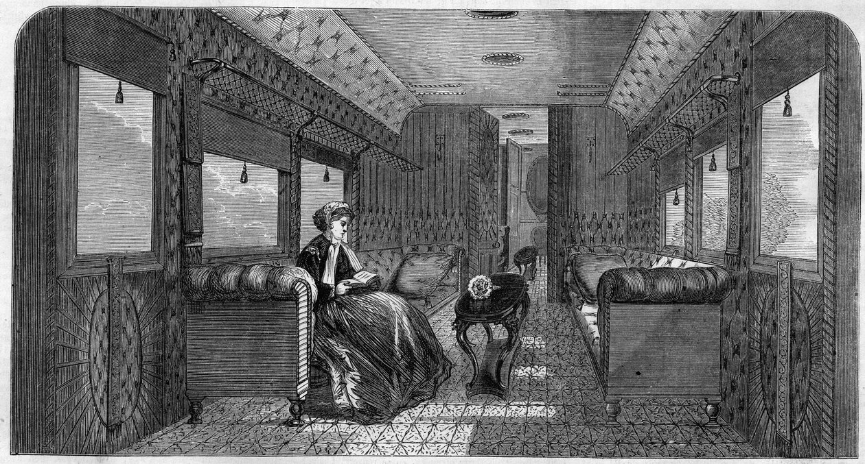 The new car of her majesty Princess of Wales for her train travel. Engraving in 