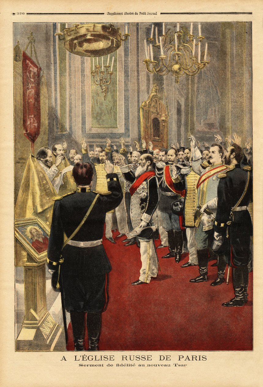 The oath of fidelity to the new tsar Nicholas II, in the cathedrale Saint Alexandre Nevsky, rue Daru, Paris. Engraving in 